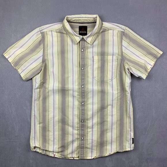 Prana Mens Shirt Large Yellow Vertical Striped Pearl Snap Button Up Southwestern - Picture 1 of 10